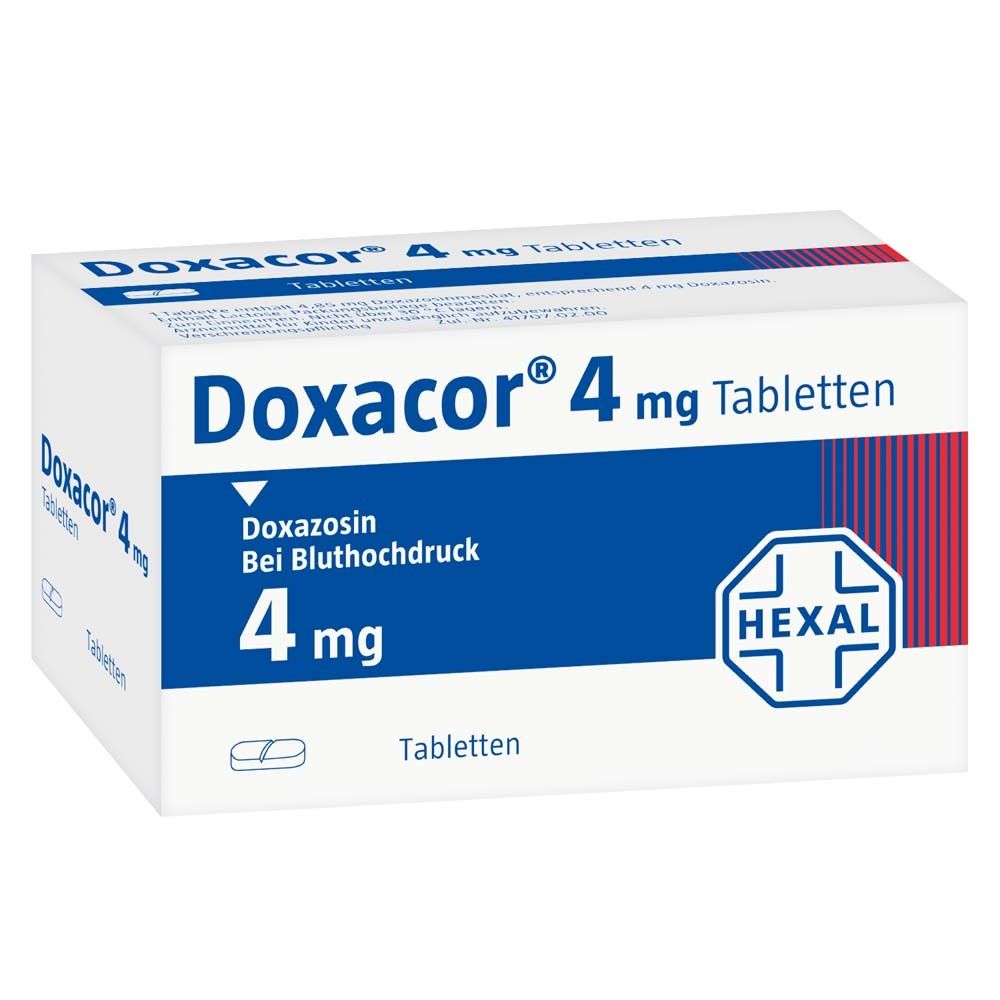 Weiße Tablettenbox mit blauer Schrift. Aufschrift: Doxacor 4 mg Tabletten. Enthält Doxazosin. Marke: HEXAL.