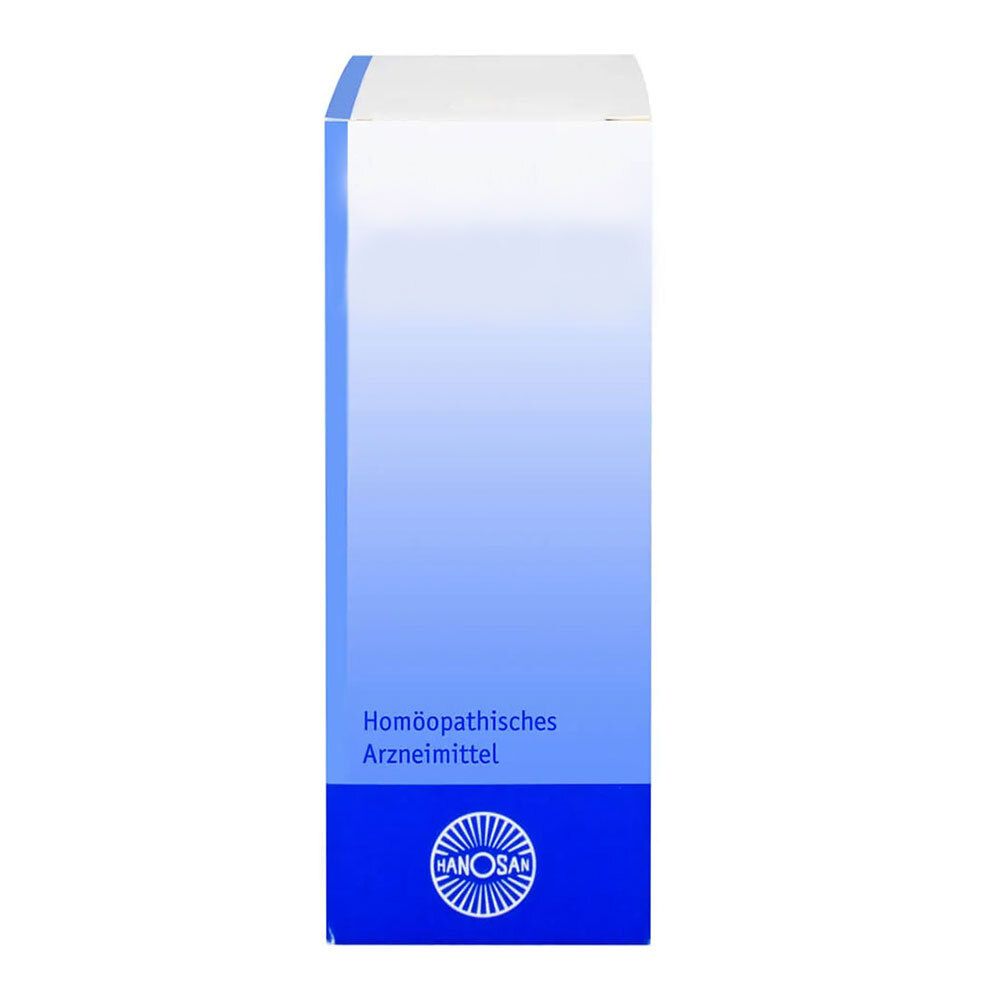Kartonverpackung mit blau-weißem Farbverlauf. Unten blau mit Logo und Text: Homöopathisches Arzneimittel. Marke HANOSAN.