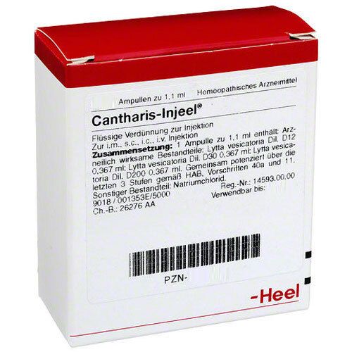 Karton mit rotem Deckel. Aufschrift: Cantharis-Injeel®. Enthält homöopathisches Arzneimittel. Text in deutscher Sprache.