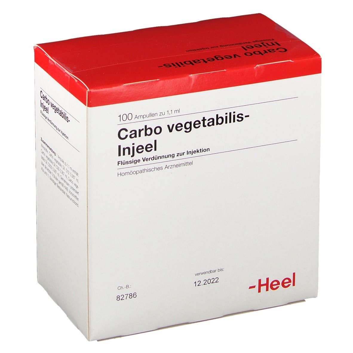 Weißer Karton mit rotem Deckel. Aufschrift: Carbo vegetabilis-Injeel, 100 Ampullen. Verfallsdatum. Marke: Heel.