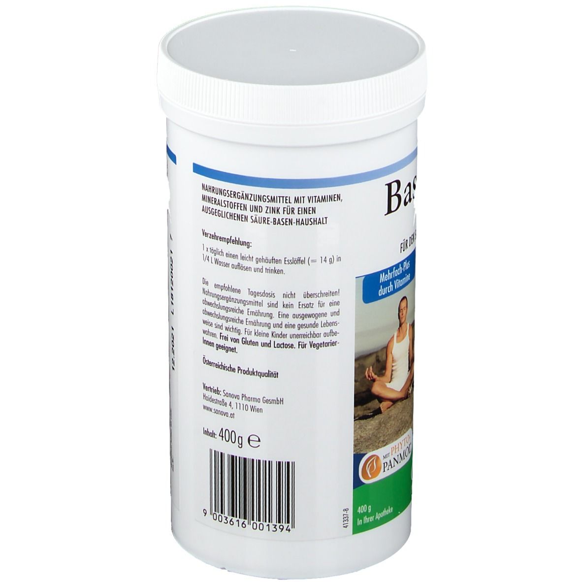 Rückseite des weißen BasoVital® forte Basenpulver-Behälters. Text mit Inhaltsstoffen und Nährwertangaben. ÖKOpharm-Logo.