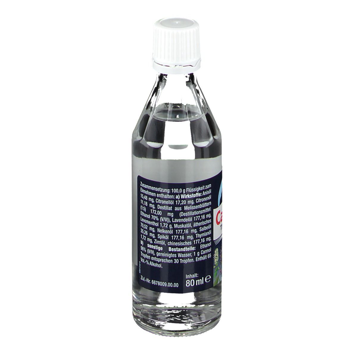 Klare Flüssigkeit in einer Glasflasche mit weißem Verschluss. Blaue Etiketten mit Text. Rückansicht. 80 ml.
