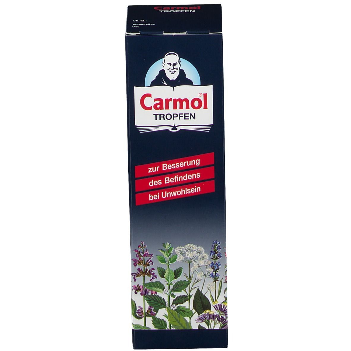 Produktverpackung mit Aufschrift Carmol Tropfen. Text: zur Besserung des Befindens bei Unwohlsein. Abbildung.