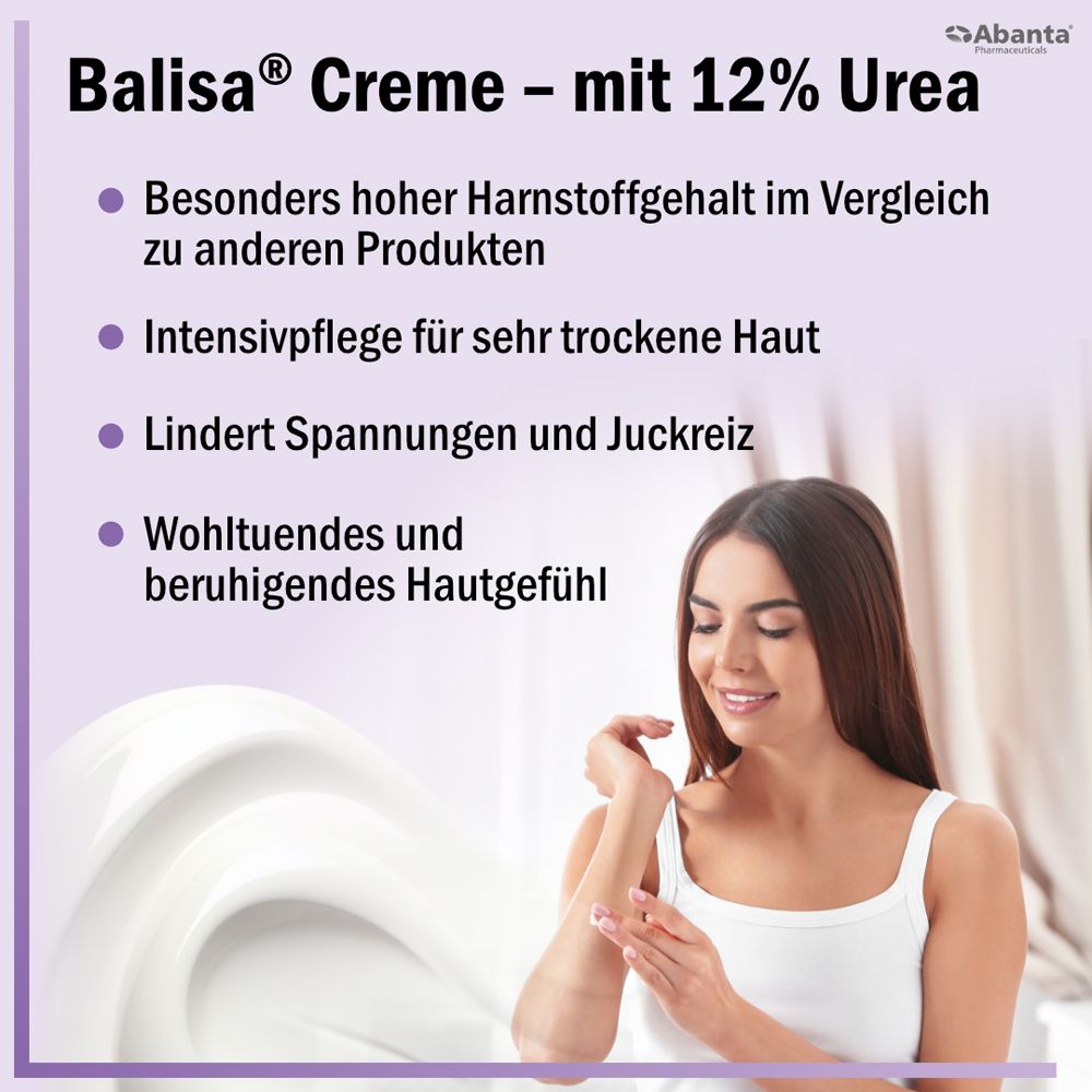 Frau lächelt. Text: Balisa® Creme mit 12% Urea. Hoher Harnstoffgehalt, Intensivpflege, lindert Juckreiz, beruhigend.
