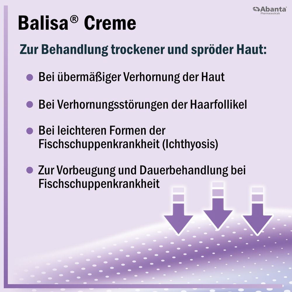 Text: Balisa® Creme. Behandlung trockener und spröder Haut. Bei Verhornungsstörungen, Ichthyosis, Fischschuppenkrankheit.