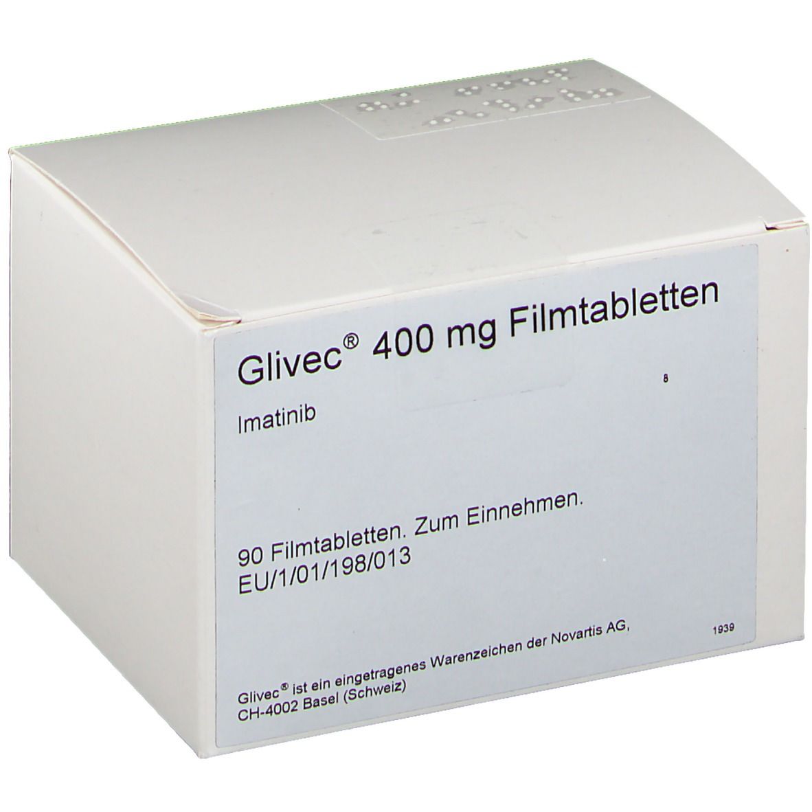 Weiße Faltschachtel mit Aufschrift Glivec® 400 mg Filmtabletten. Enthält 90 Tabletten. Text in deutscher Sprache.