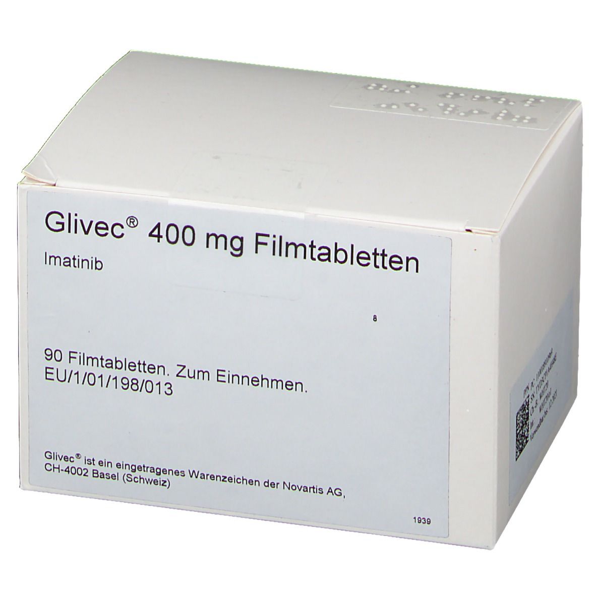Weiße Faltschachtel mit Aufschrift Glivec® 400 mg Filmtabletten. Enthält 90 Tabletten. Text in deutscher Sprache.