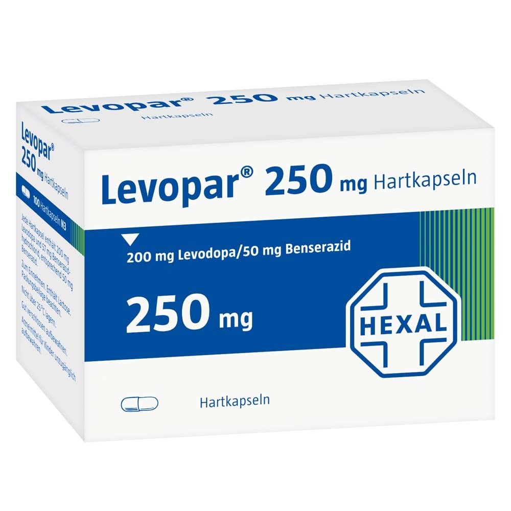 Levopar 250 mg Hartkapseln-Packung. Weiße Schachtel mit blauer Beschriftung. Enthält 250 mg Wirkstoff. HEXAL-Logo.