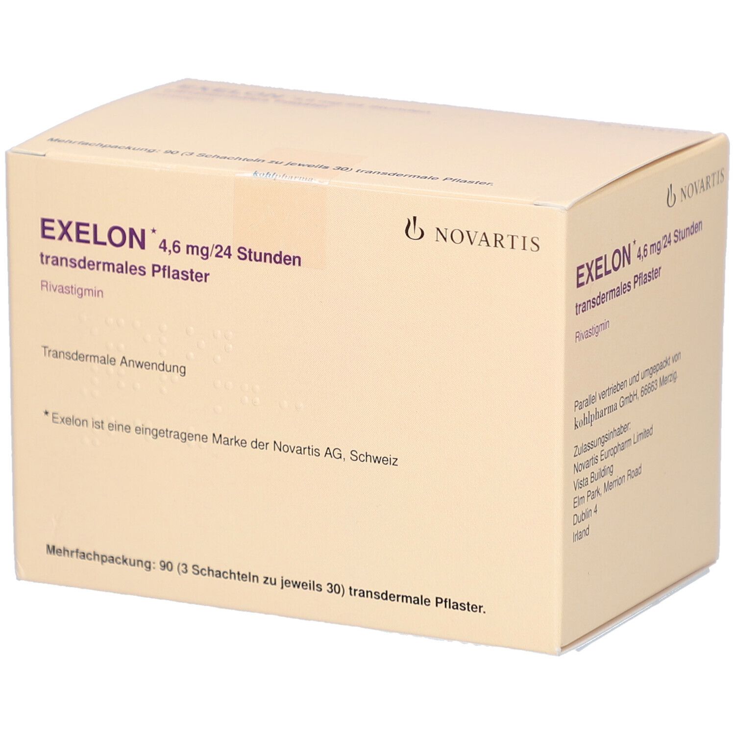Beige Kartonverpackung mit Exelon-Logo und Produktinformationen. Novartis-Logo. Text: transdermales Pflaster, 4,6 mg/24 Stunden.