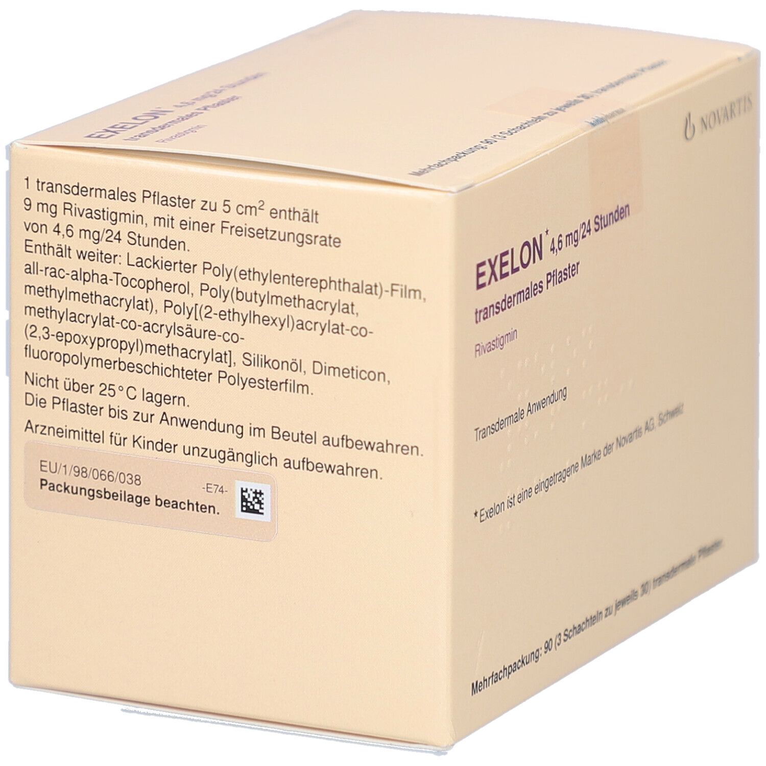 Beige Kartonverpackung mit Exelon-Logo und Produktinformationen. Enthält detaillierte Produktinformationen und QR-Code. Novartis-Logo.