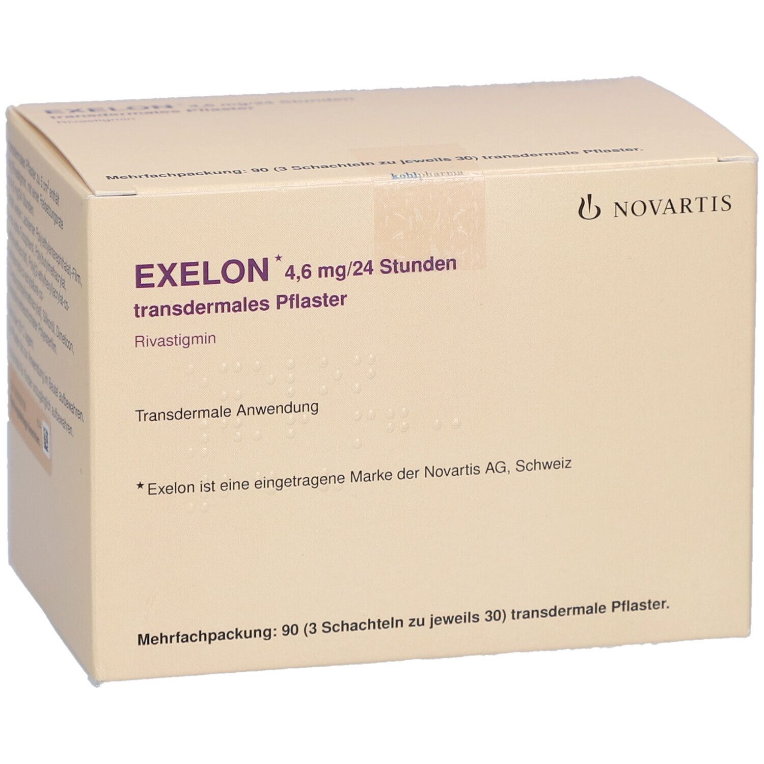 Beige Kartonverpackung mit Exelon-Logo und Produktinformationen. Novartis-Logo. Text: transdermales Pflaster, 4,6 mg/24 Stunden.