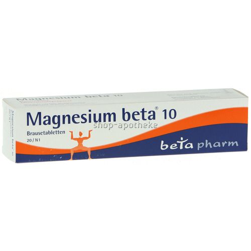Schachtel mit "Magnesium beta 10 Brausetabletten". Weiß, blau und orangefarbenes Design. "beta pharm" Logo.