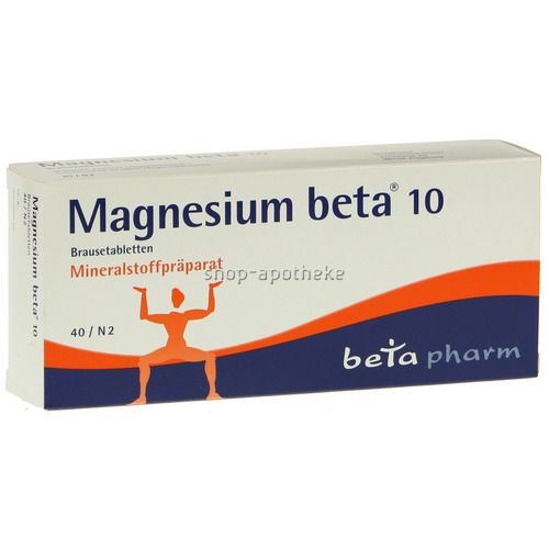 Schachtel mit "Magnesium beta 10 Brausetabletten". Orangefarbene und blaue Elemente. "beta pharm"-Logo.