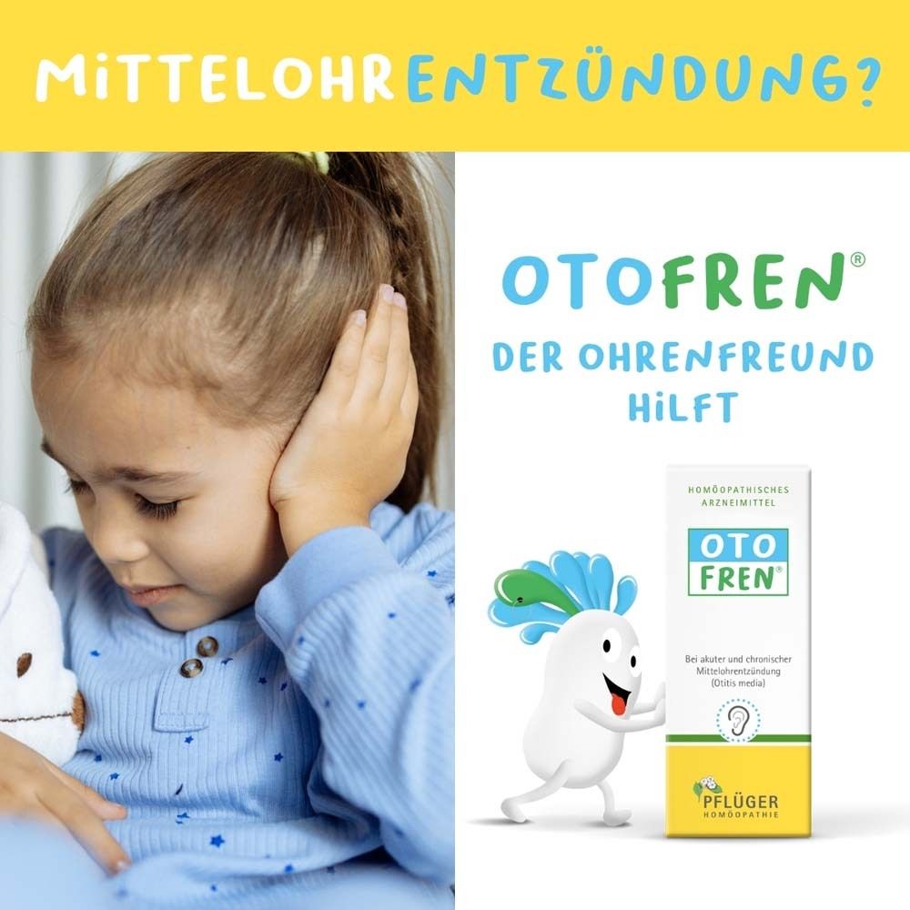 Kind mit Ohrenschmerzen. Otofren®-Packung und Figur. Text: Der Ohrenfreund hilft.