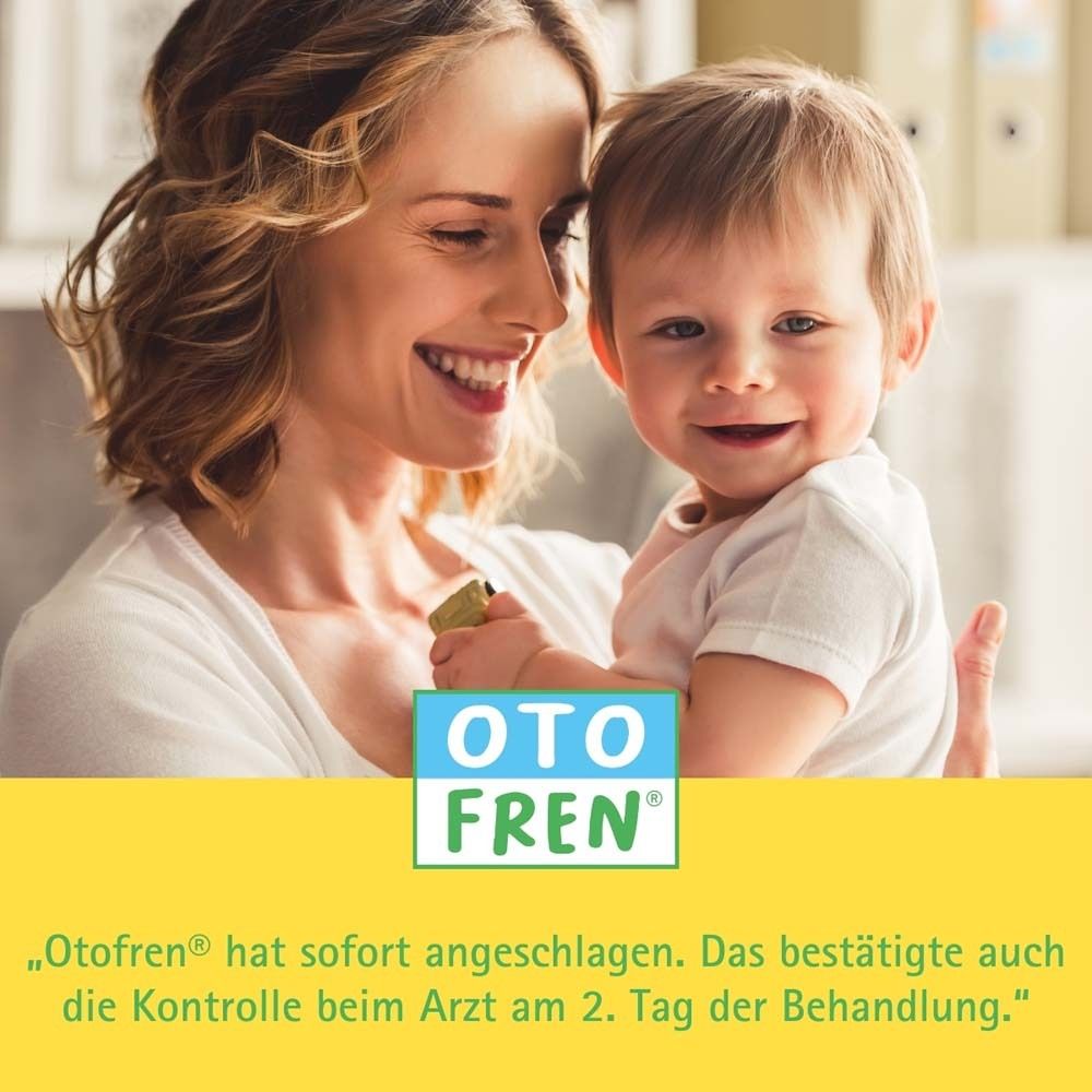 Mutter und Kind. Otofren®-Packung. Text: Otofren® hat sofort angeschlagen.