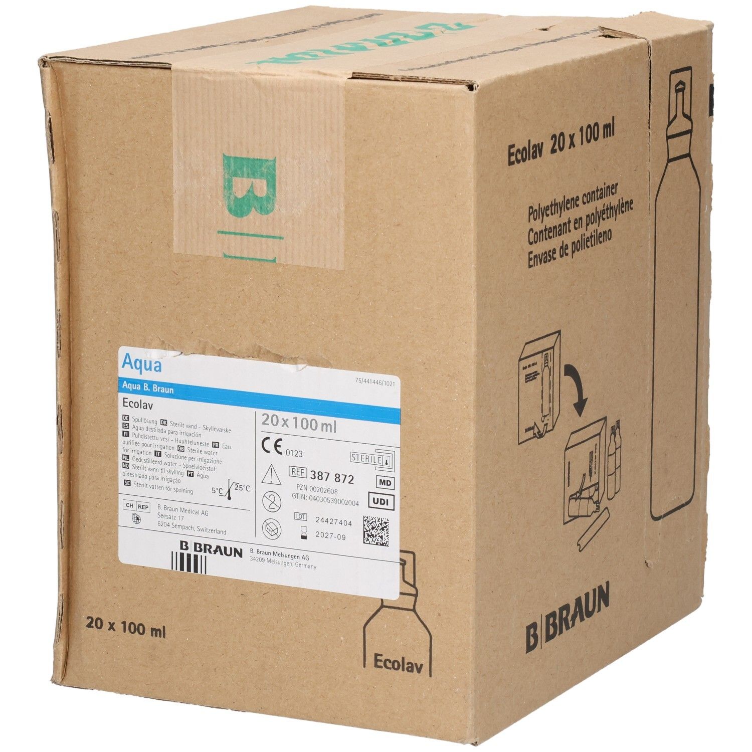 B. Braun Ecolav Karton mit 20 x 100 ml Polyethylen-Behältern.