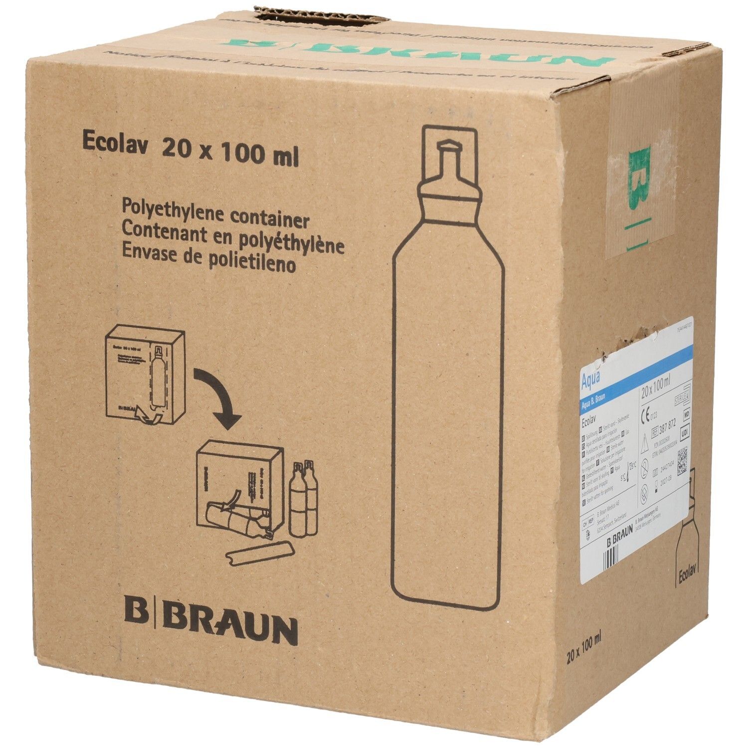 B. Braun Ecolav Karton mit 20 x 100 ml Polyethylen-Behältern.
