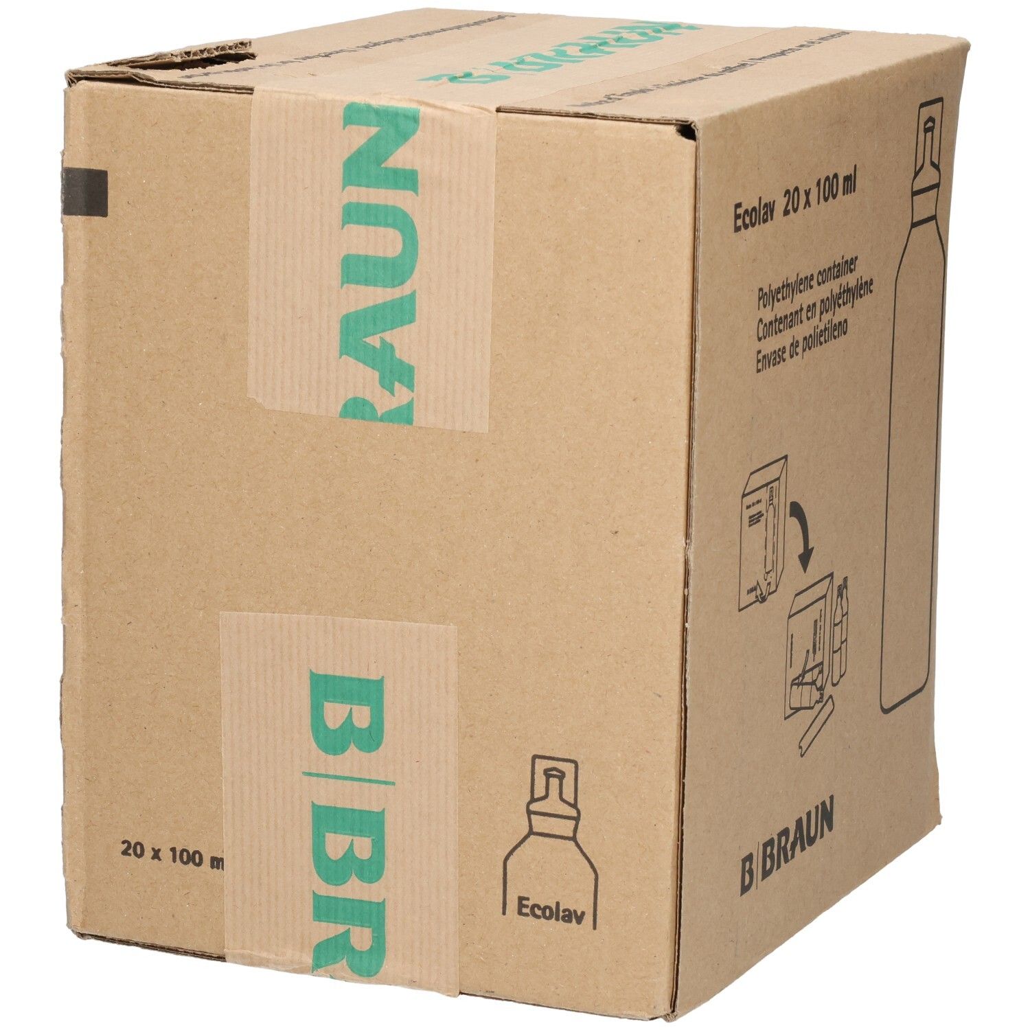 B. Braun Ecolav Karton mit 20 x 100 ml Polyethylen-Behältern.