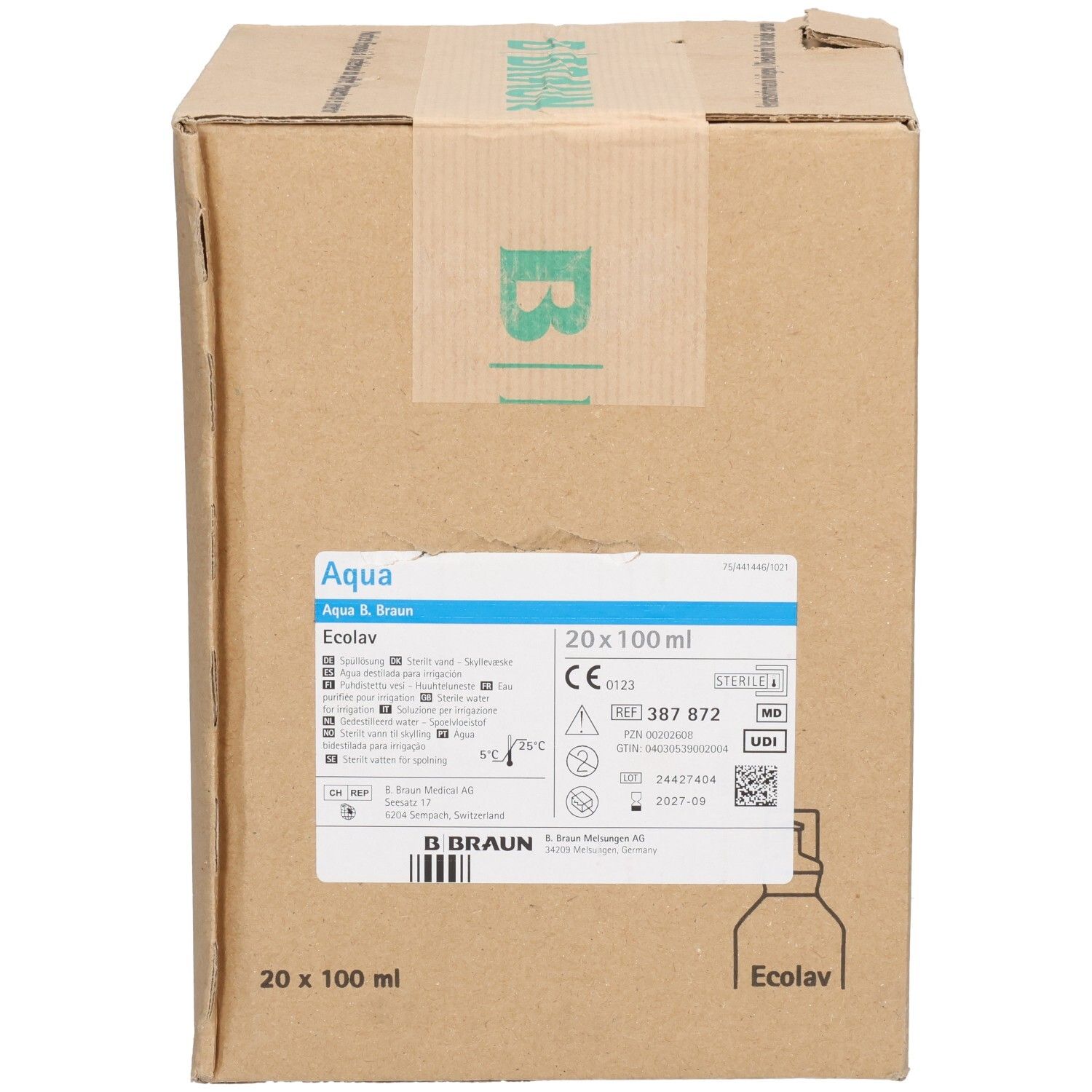 B. Braun Ecolav Karton mit 20 x 100 ml Polyethylen-Behältern.