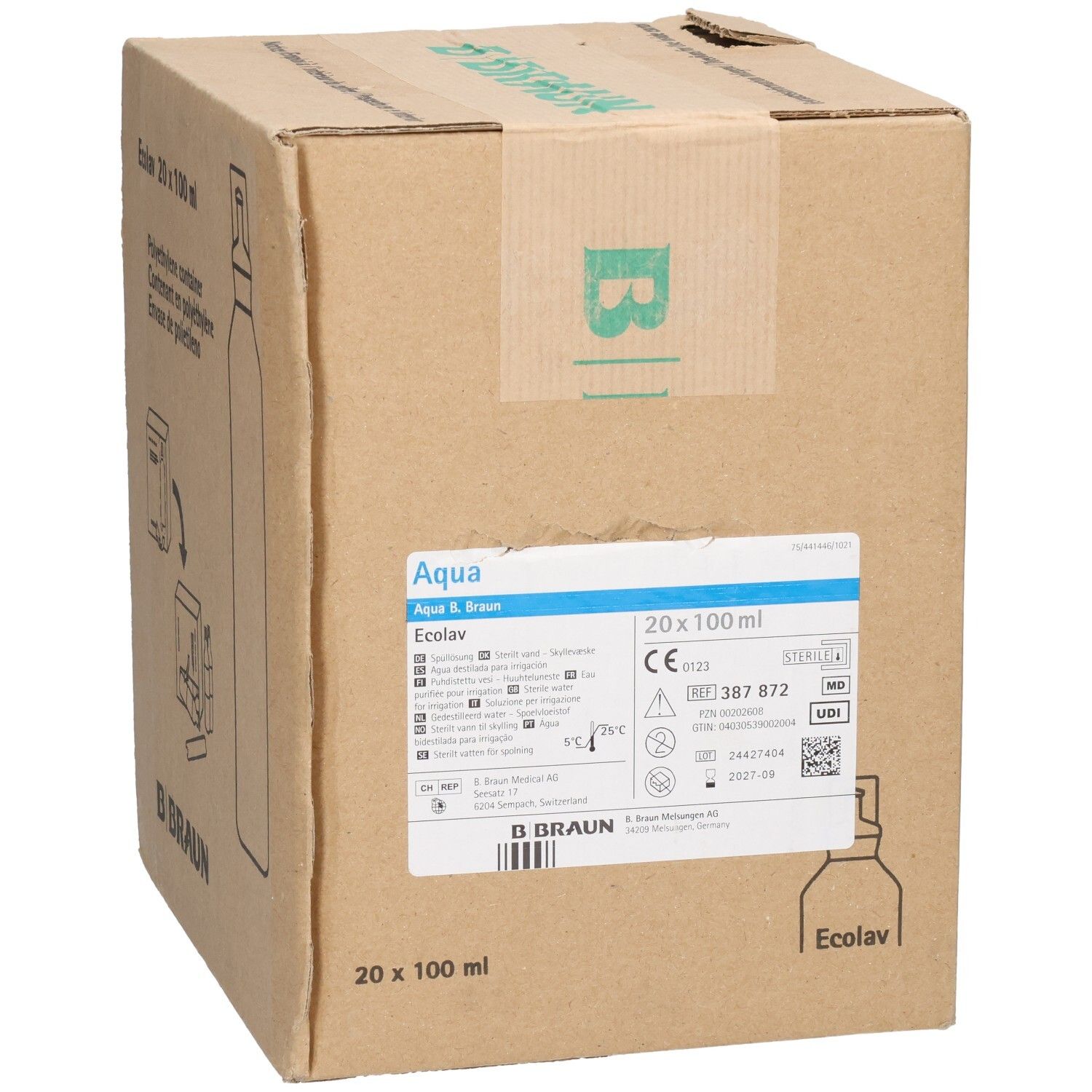 B. Braun Ecolav Karton mit 20 x 100 ml Polyethylen-Behältern.