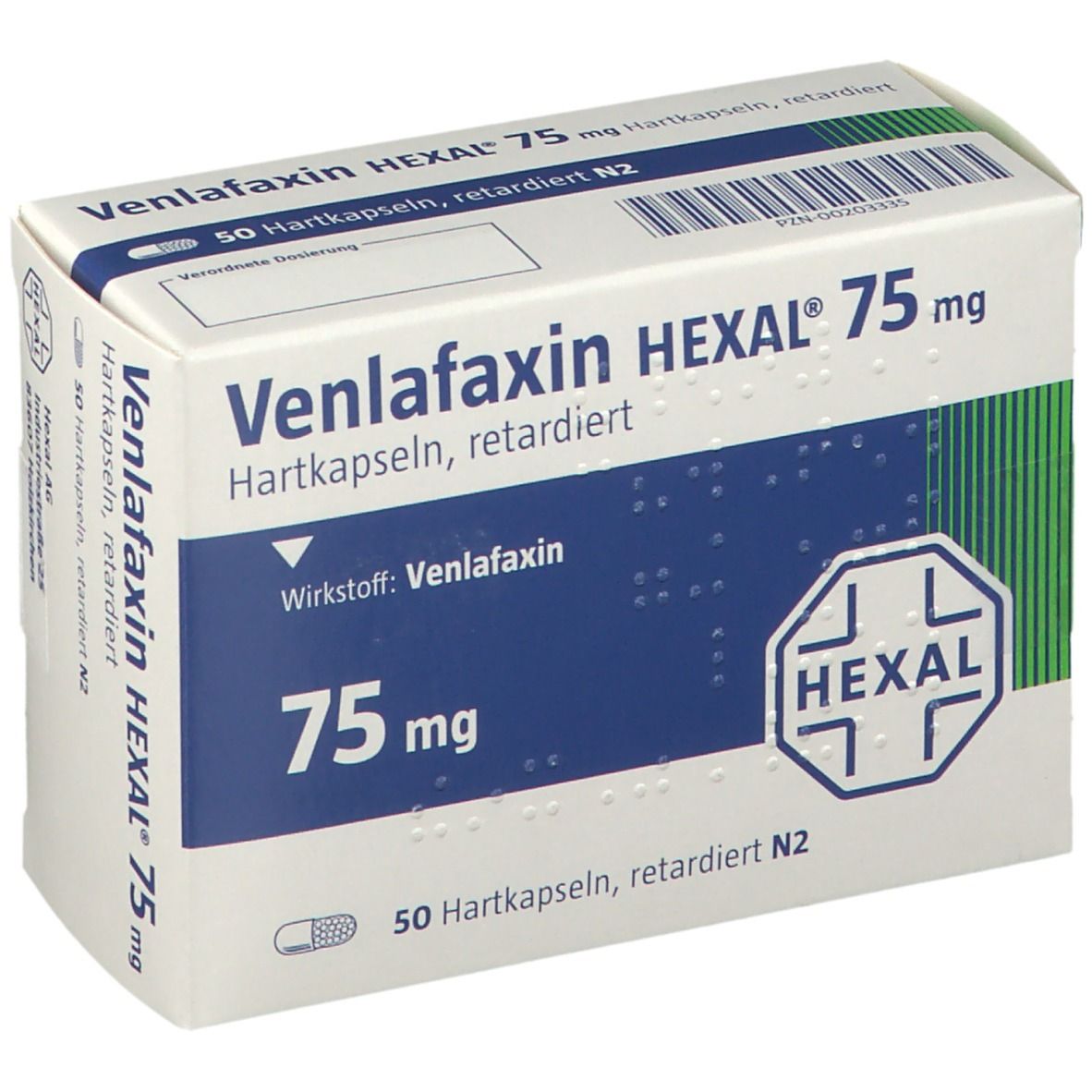 Medikamentenbox. Aufschrift: Venlafaxin HEXAL 75 mg. 50 Retardkapseln. HEXAL-Logo. Blaue und weiße Farbgebung.