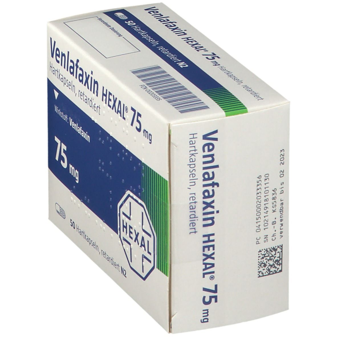 Schräg gestellte Medikamentenbox. Aufschrift: Venlafaxin HEXAL 75 mg. 50 Retardkapseln. HEXAL-Logo.