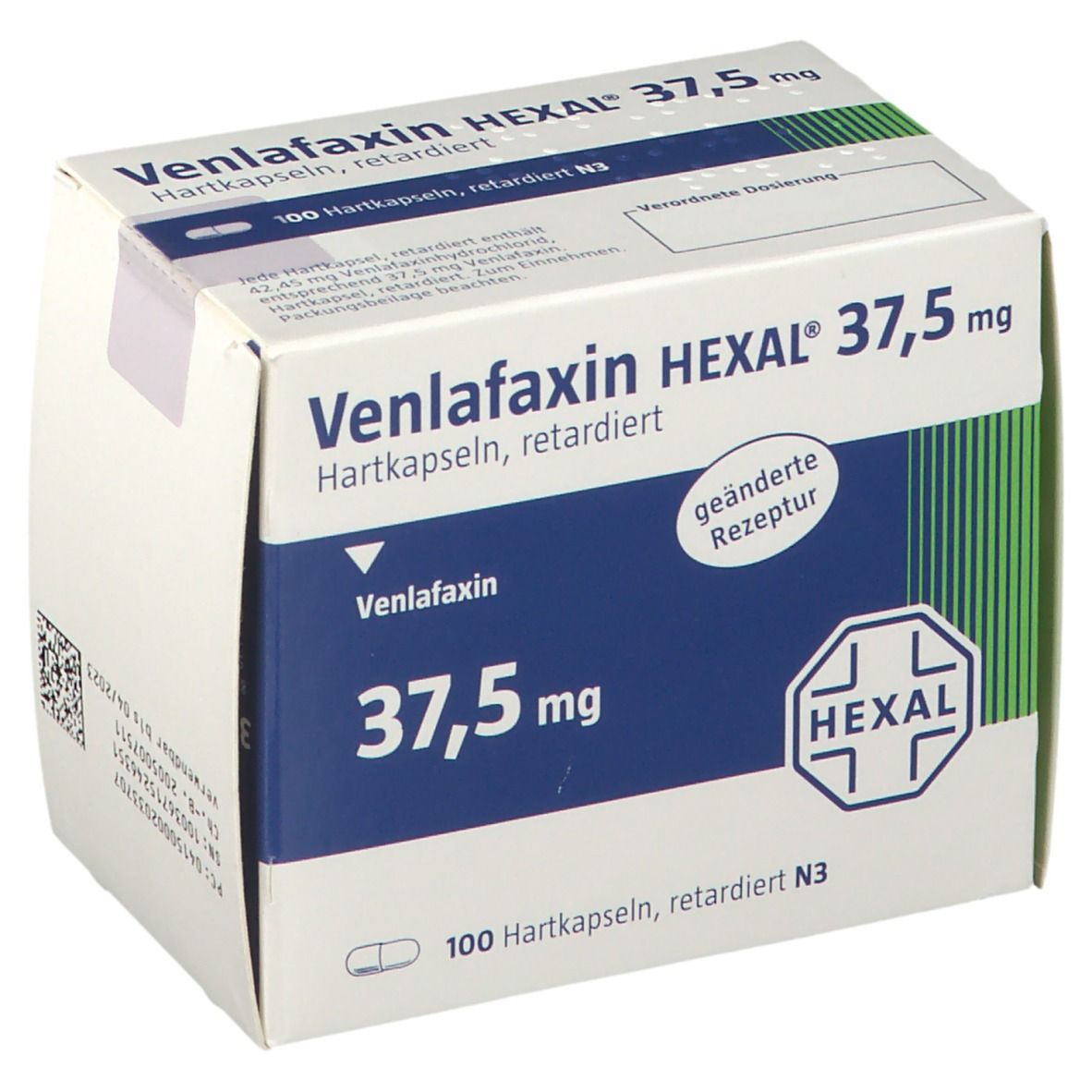 Schachtel mit Venlafaxin HEXAL 37,5 mg Hartkapseln retardiert. Blaue und weiße Verpackung mit Produktinformationen und HEXAL-Logo.