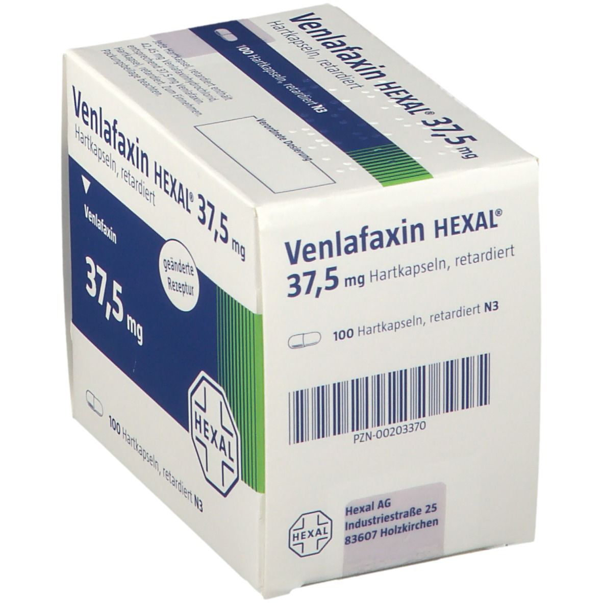Schachtel Venlafaxin HEXAL 37,5 mg Hartkapseln retardiert. Weiße Verpackung mit blauen Akzenten, Barcode und HEXAL-Logo.