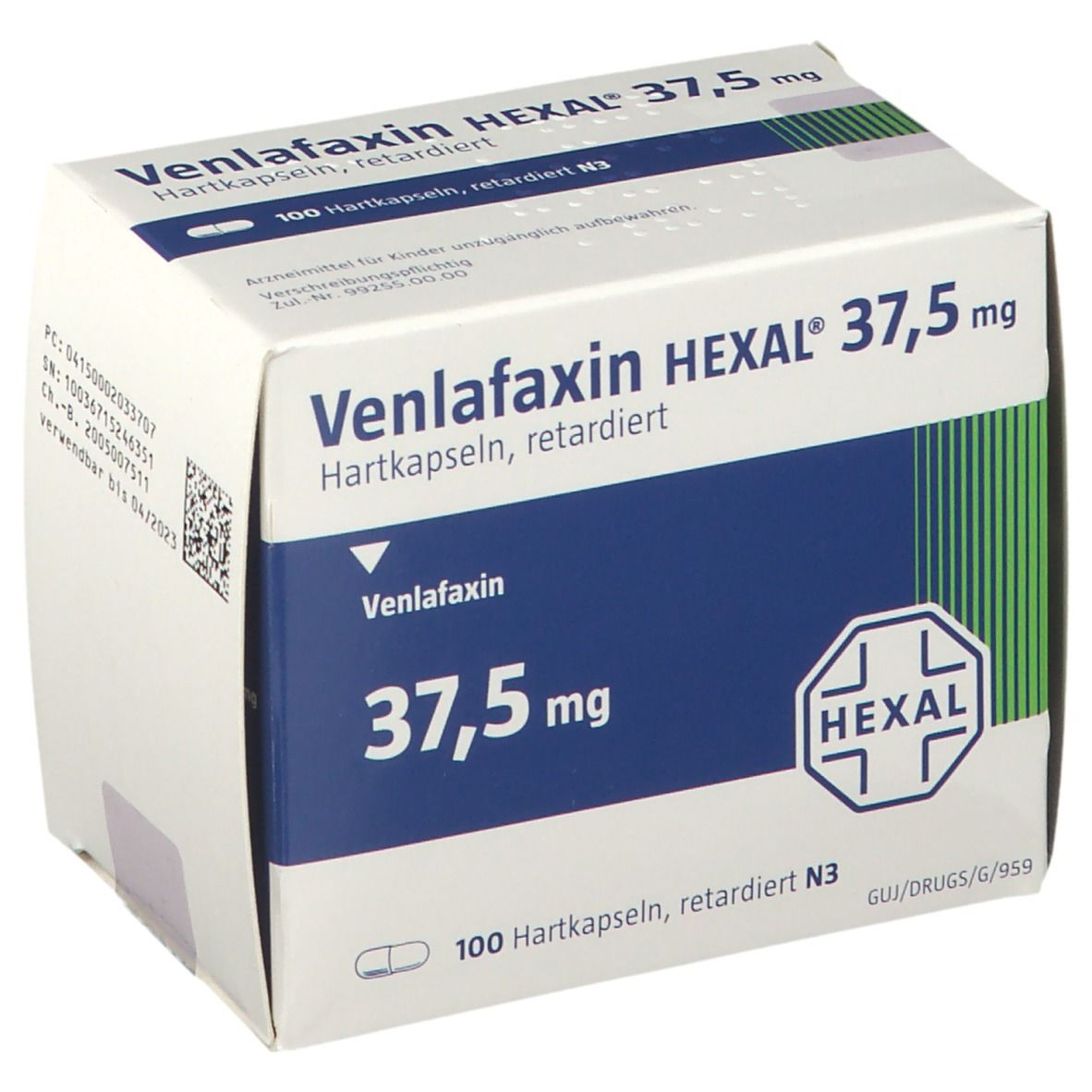 Verpackung von Venlafaxin HEXAL 37,5 mg Hartkapseln retardiert. Weiße Schachtel mit blauen Details, Produktnamen und HEXAL-Logo.