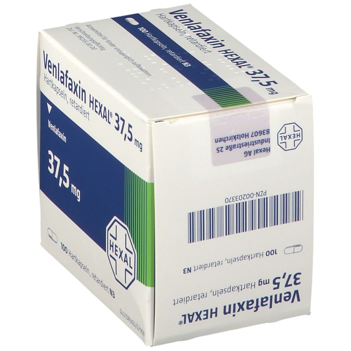 Schachtel Venlafaxin HEXAL 37,5 mg Hartkapseln retardiert. Weiße Verpackung mit blauen Details, Barcode und HEXAL-Logo.