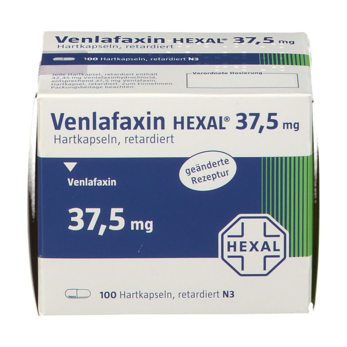 Verpackung von Venlafaxin HEXAL 37,5 mg Hartkapseln retardiert. Weiße Schachtel mit blauer Fläche, Produktinformationen und HEXAL-Logo.