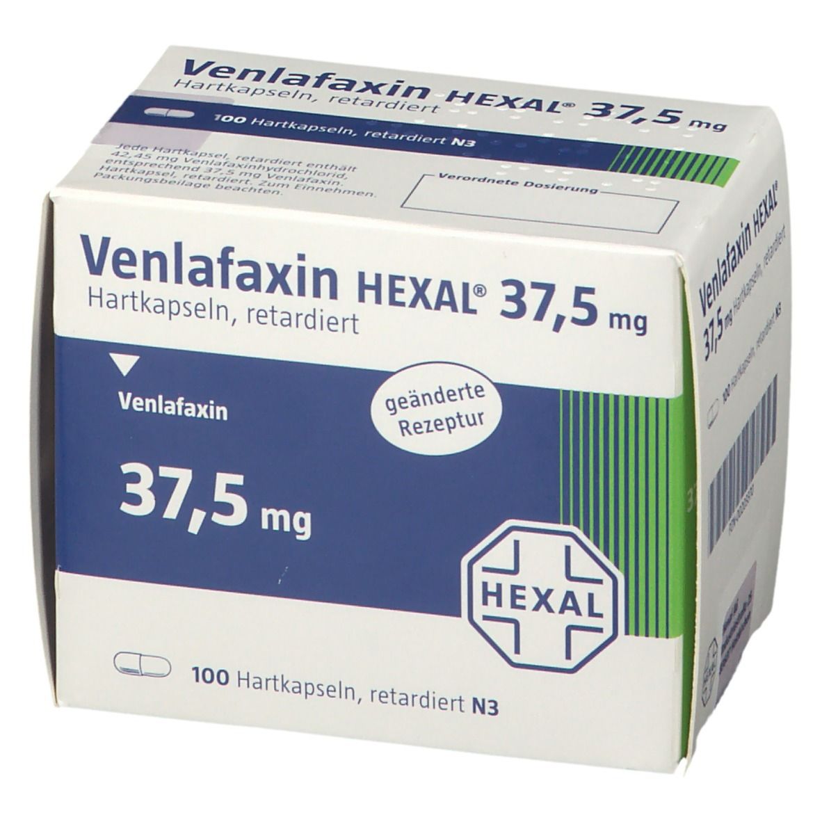 Schachtel Venlafaxin HEXAL 37,5 mg Hartkapseln retardiert. Weiße Verpackung mit blauer Fläche, Produktinformationen und HEXAL-Logo.