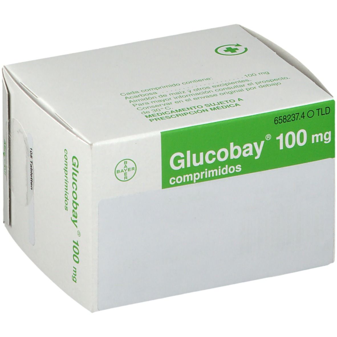 Schachtel mit Glucobay 100 mg Tabletten. Grün-weiße Verpackung mit Produktnamen und Dosierung. Bayer-Logo.