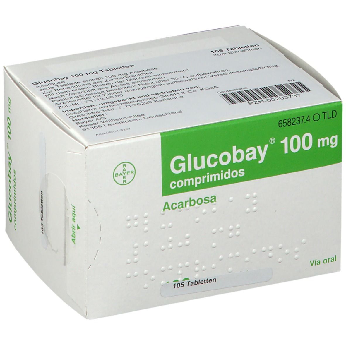 Schachtel Glucobay 100 mg Tabletten. Grün-weiße Verpackung mit Produktnamen, Dosierung und Braille-Schrift.