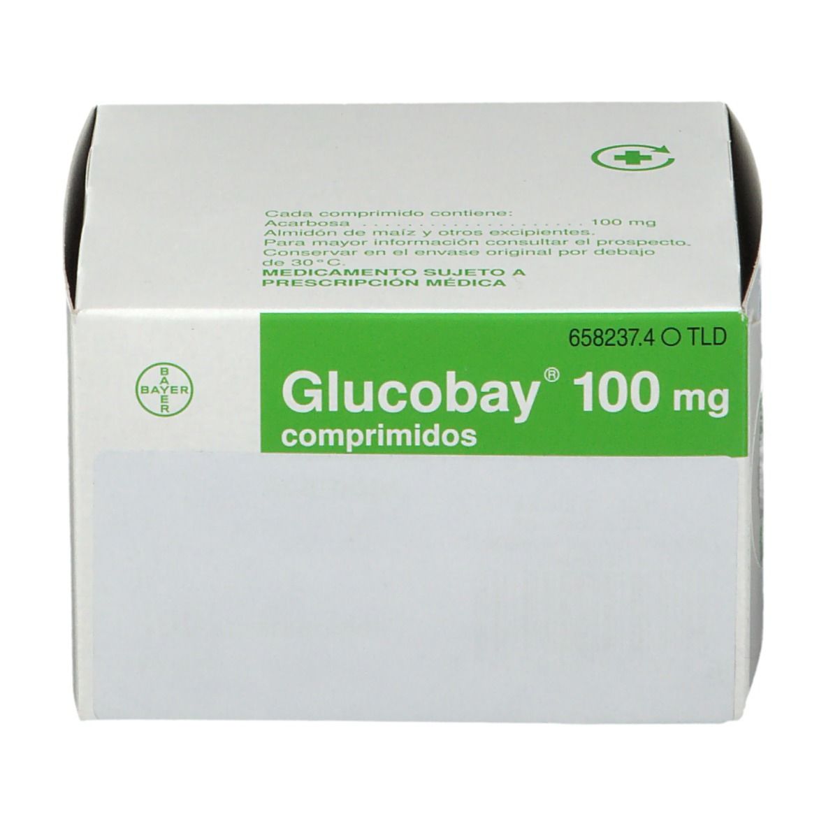 Schachtel Glucobay 100 mg Tabletten. Grün-weiße Verpackung mit Produktnamen und Dosierung. Bayer-Logo.