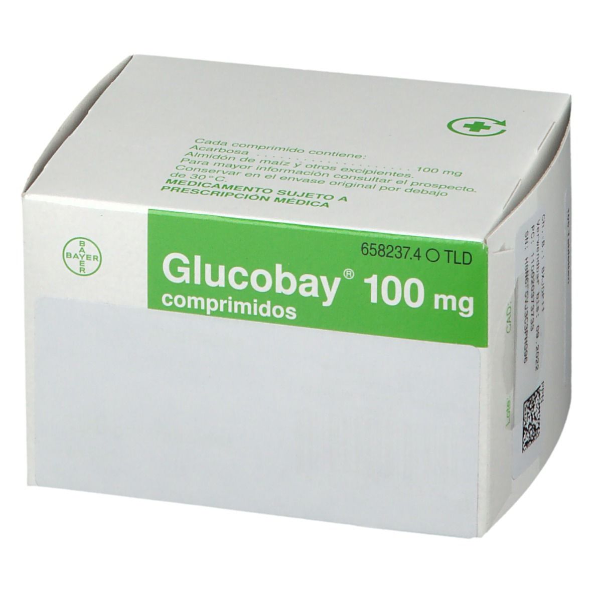Schachtel Glucobay 100 mg Tabletten. Grün-weiße Verpackung mit Produktnamen und Dosierung. Bayer-Logo.