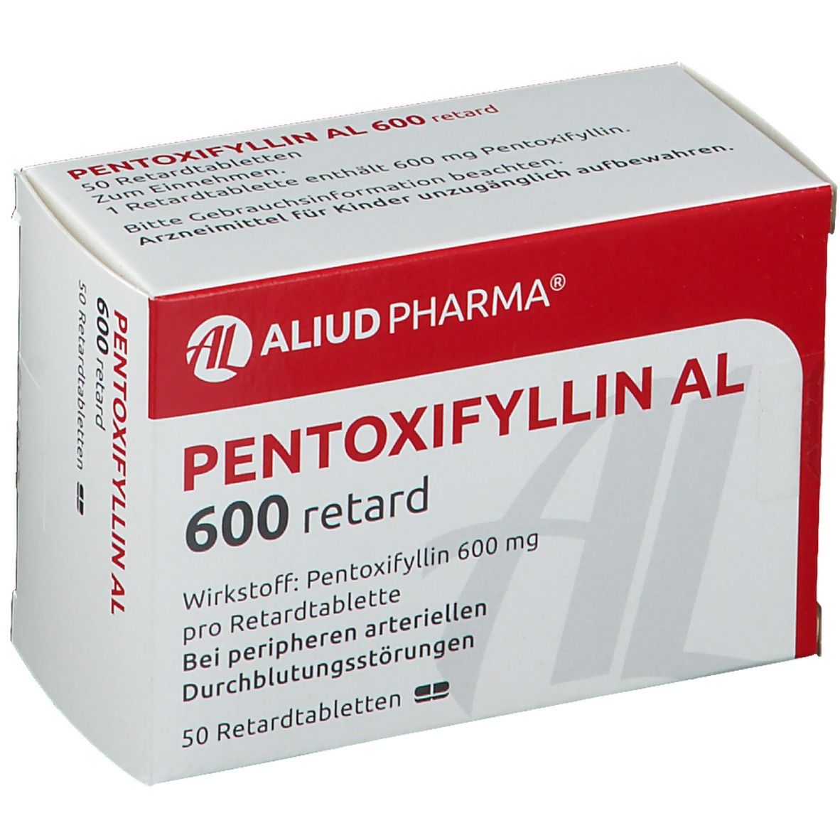 Weiße Schachtel mit rotem Deckel. Aufschrift: PENTOXIFYLLIN AL 600 retard. Logo: AL, ALIUD PHARMA. Text: 50 Retardtabletten.