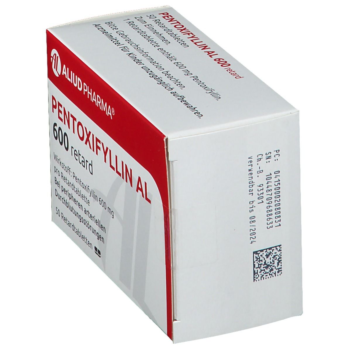 Weiße Schachtel mit rotem Deckel. Aufschrift: PENTOXIFYLLIN AL 600 retard. Logo: AL, ALIUD PHARMA. Text: 50 Retardtabletten.