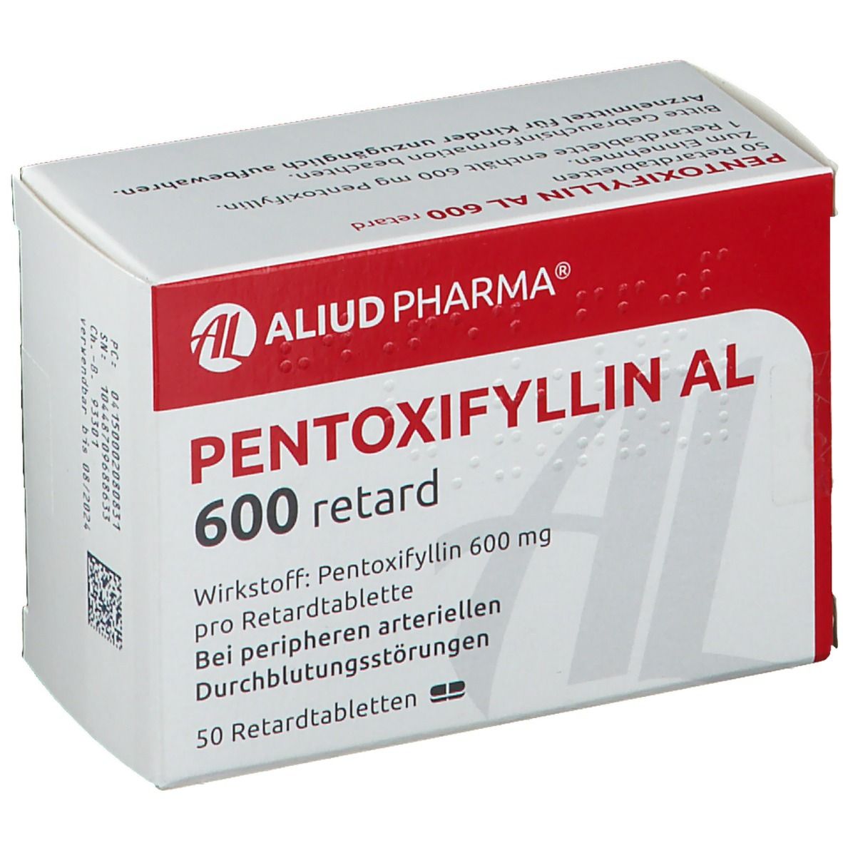 Weiße Schachtel mit rotem Deckel. Aufschrift: PENTOXIFYLLIN AL 600 retard. Logo: AL, ALIUD PHARMA. Text: 50 Retardtabletten.