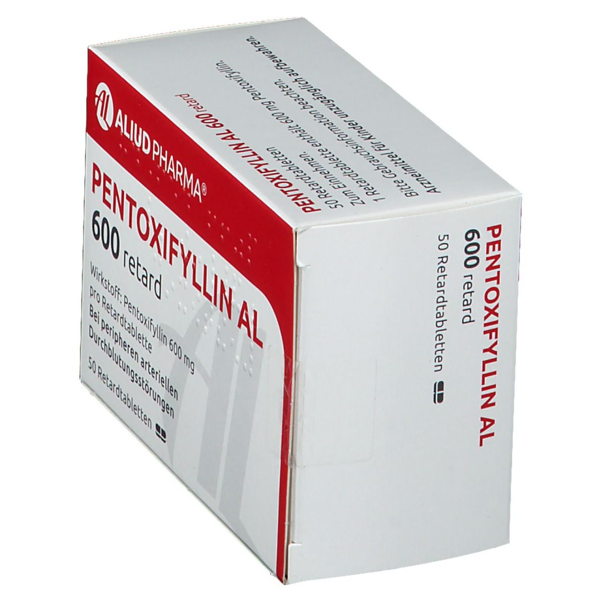 Weiße Schachtel mit rotem Deckel. Aufschrift: PENTOXIFYLLIN AL 600 retard. Logo: AL, ALIUD PHARMA. Text: 50 Retardtabletten.