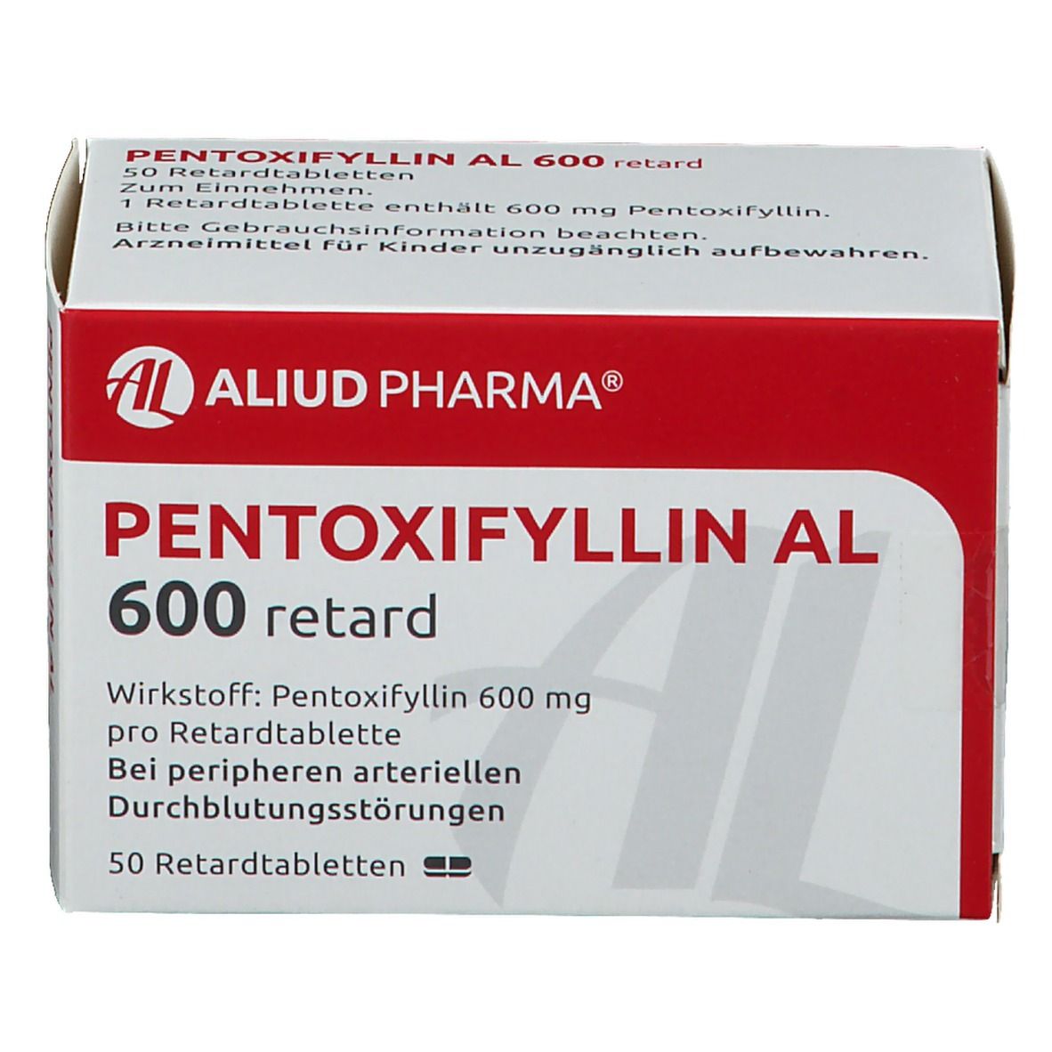 Weiße Schachtel mit rotem Deckel. Aufschrift: PENTOXIFYLLIN AL 600 retard. Logo: AL, ALIUD PHARMA. Text: 50 Retardtabletten.