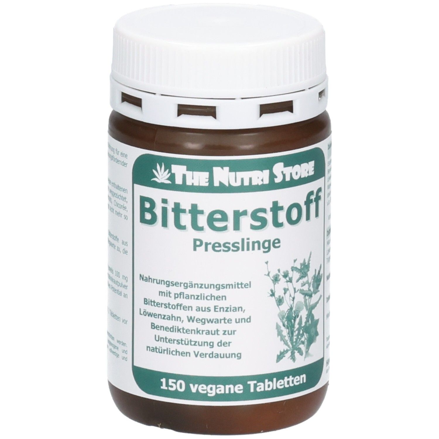 Braune Dose mit weißem Deckel. Aufschrift: Bitterstoff Presslinge, 150 vegane Tabletten. Grün-weiße Etikettierung.