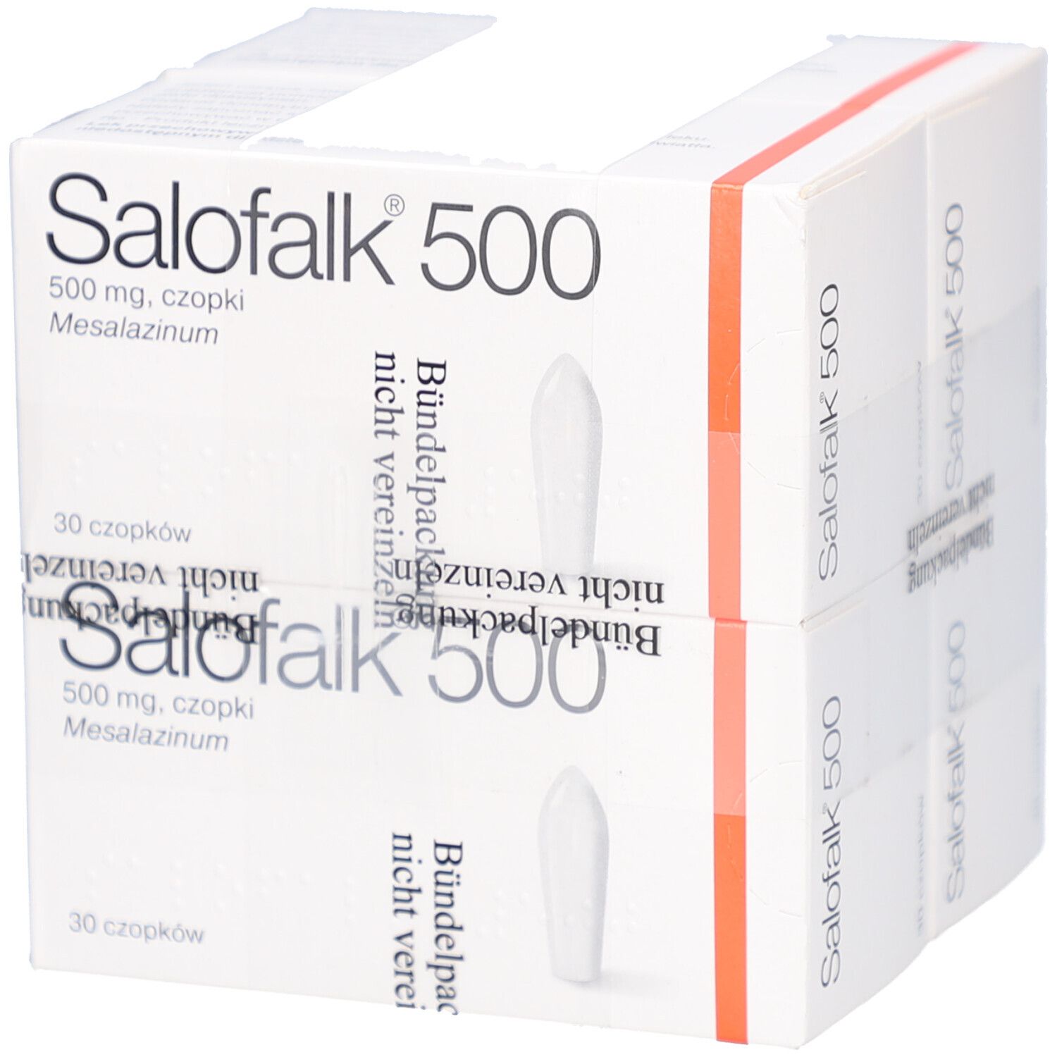 Zwei Packungen Salofalk 500, 30 Zäpfchen. Weiße Schachteln mit roter Umrandung. Aufdruck: 500 mg, Mesalazin.