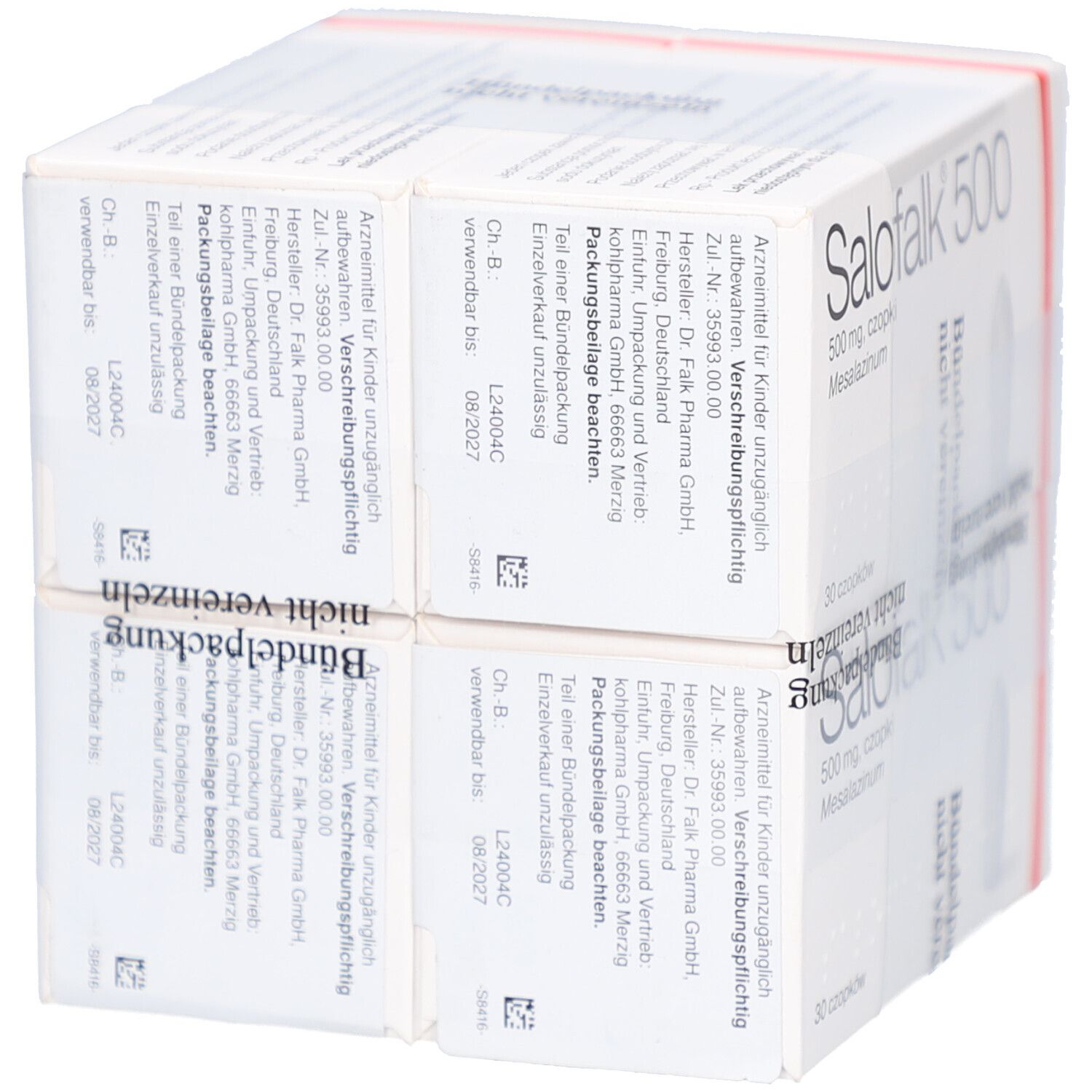 Zwei Packungen Salofalk 500. Weiße Schachteln mit roter Umrandung. Aufdruck: 500 mg, Mesalazin. Rückseite mit Text.