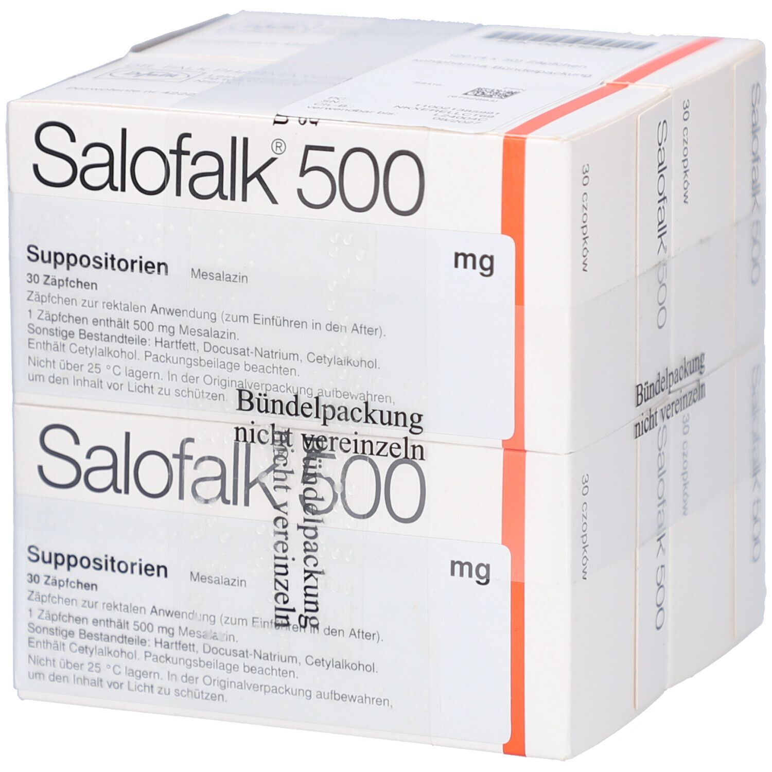 Zwei Packungen Salofalk 500, 30 Zäpfchen. Weiße Schachteln mit roter Umrandung. Aufdruck: 500 mg, Mesalazin.