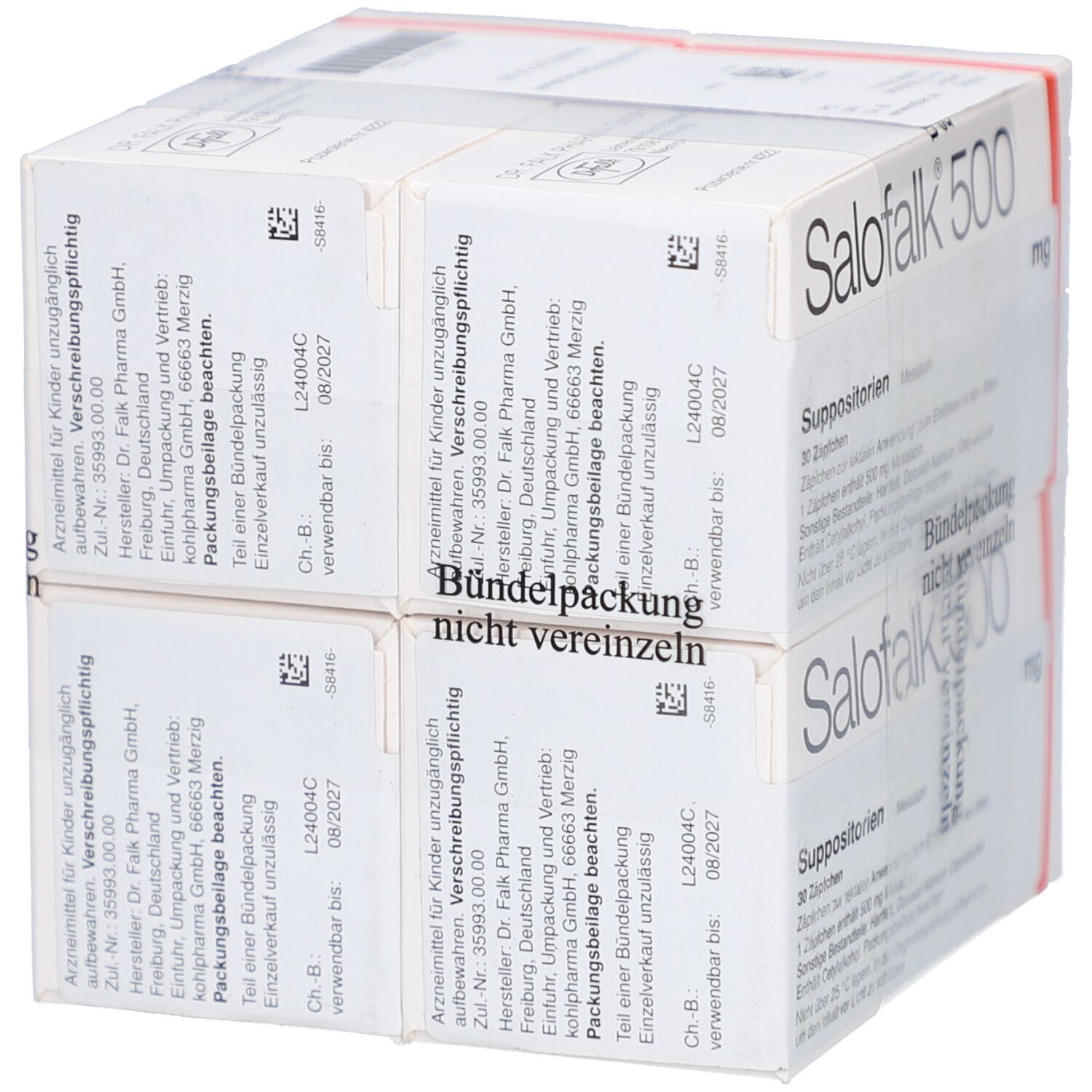 Zwei Packungen Salofalk 500. Weiße Schachteln mit roter Umrandung. Aufdruck: 500 mg, Mesalazin. Rückseite mit Text.