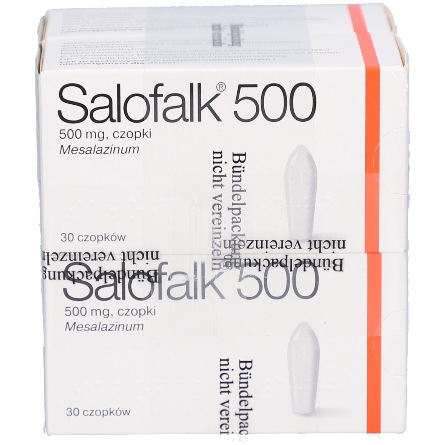 Zwei Packungen Salofalk 500, 30 Zäpfchen. Weiße Schachteln mit roter Umrandung. Aufdruck: 500 mg, Mesalazin.