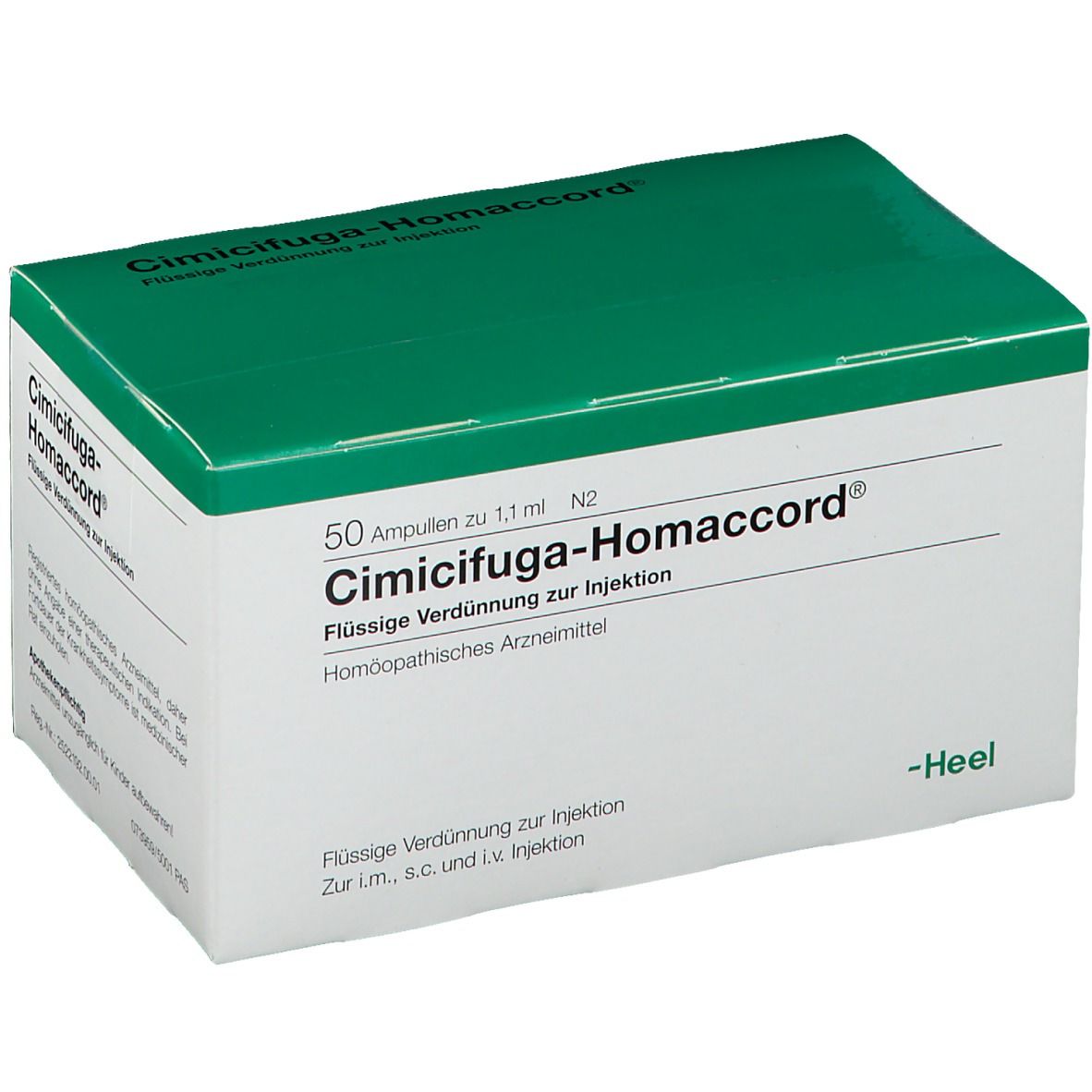 Schachtel mit Cimicifuga-Homaccord®. Grün-weiße Verpackung. Aufschrift: 50 Ampullen, flüssige Verdünnung zur Injektion. Marke: Heel.