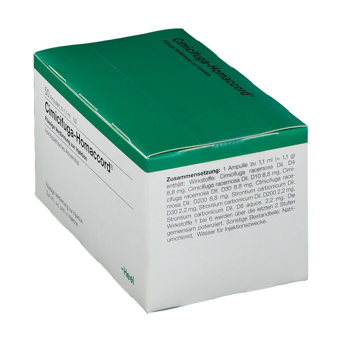 Schachtel Cimicifuga-Homaccord®. Grün-weiße Verpackung. Aufschrift: 50 Ampullen, flüssige Verdünnung zur Injektion. Inhaltsstoffe. Marke: Heel.