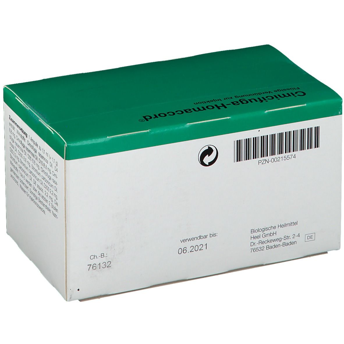 Schachtel Cimicifuga-Homaccord®. Grün-weiße Verpackung. Aufschrift: Verwendbar bis 06.2021. Herstellerinformationen. Marke: Heel.